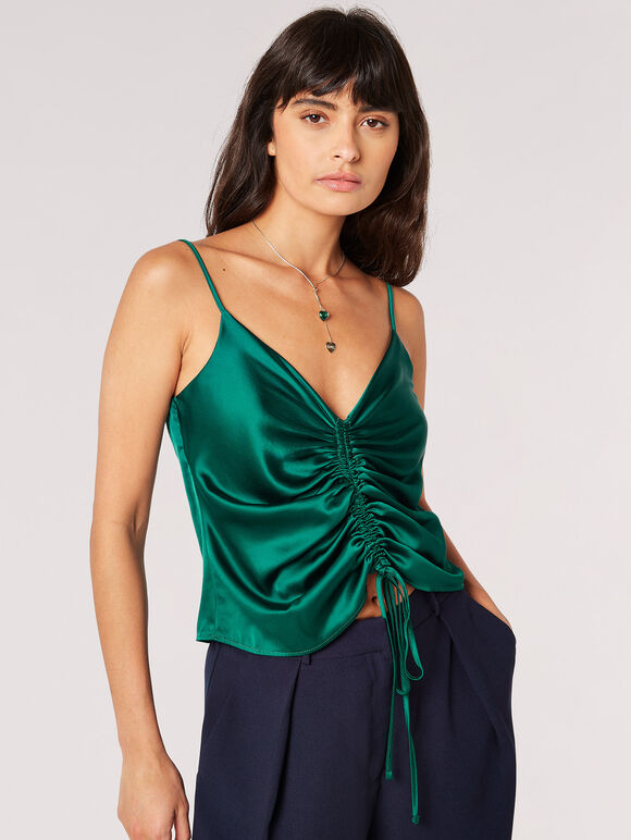 Ruched Front Satin Camisole Top, Green, large