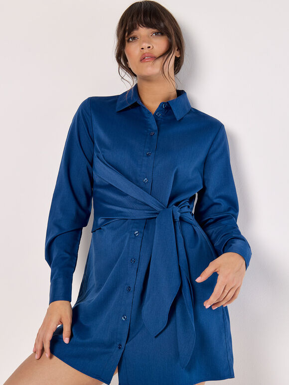 Tie Waist Shirt Mini Dress, Blue, large