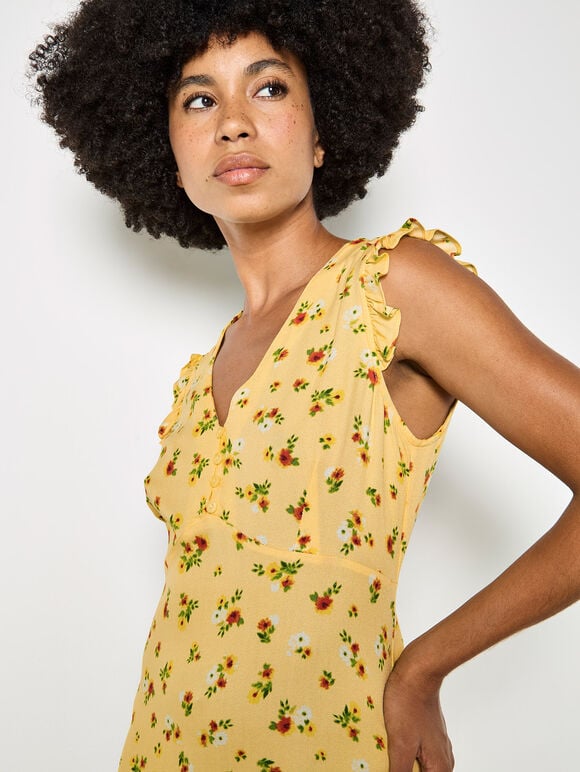 Vintage Floral Ruffle Mini Dress, Yellow, large