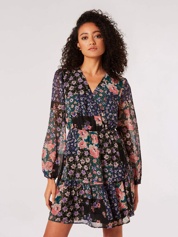 Patchwork Floral Mini Dress, Green, large