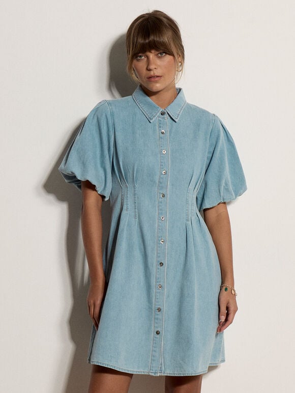 Cotton Denim Shirt Mini Dress, Blue, large
