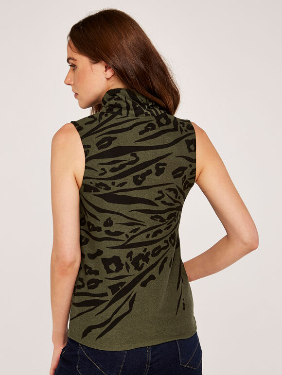 Leopard And Zebra Mock Neck Top, Khaki, large