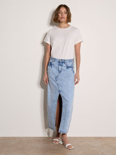 Amara Pearl Embellished Denim Midi Skirt