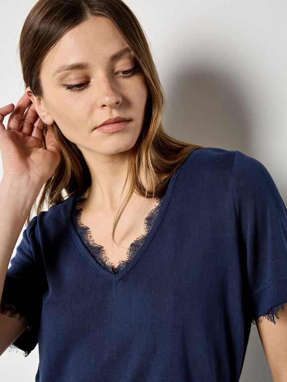 Slub Jersey Eyelash Lace T-Shirt, Navy, large