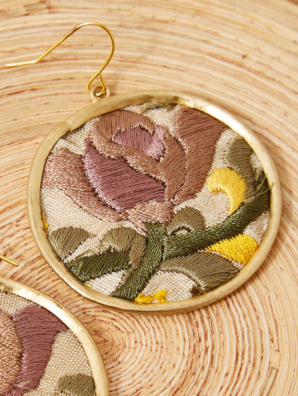 Embroidered Circle Earring, Yellow, large