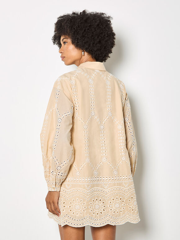 Broderie Anglaise Cotton Swing Mini Dress, Stone, large