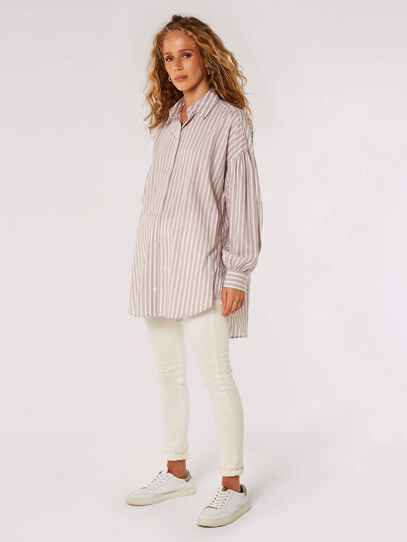 Oversized Stripe Cotton Shirt, Brown, large