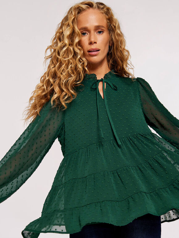 Chiffon Dobby Tiered Blouse, Green, large