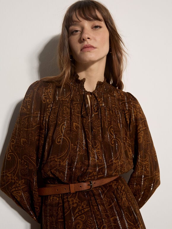 Paisley Metallic Shimmer Tiered Midi Dress, Brown, large