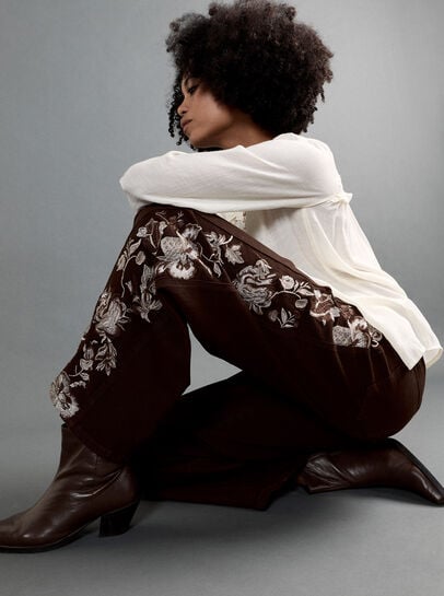 Floral Embroidered Wide-Leg Jeans