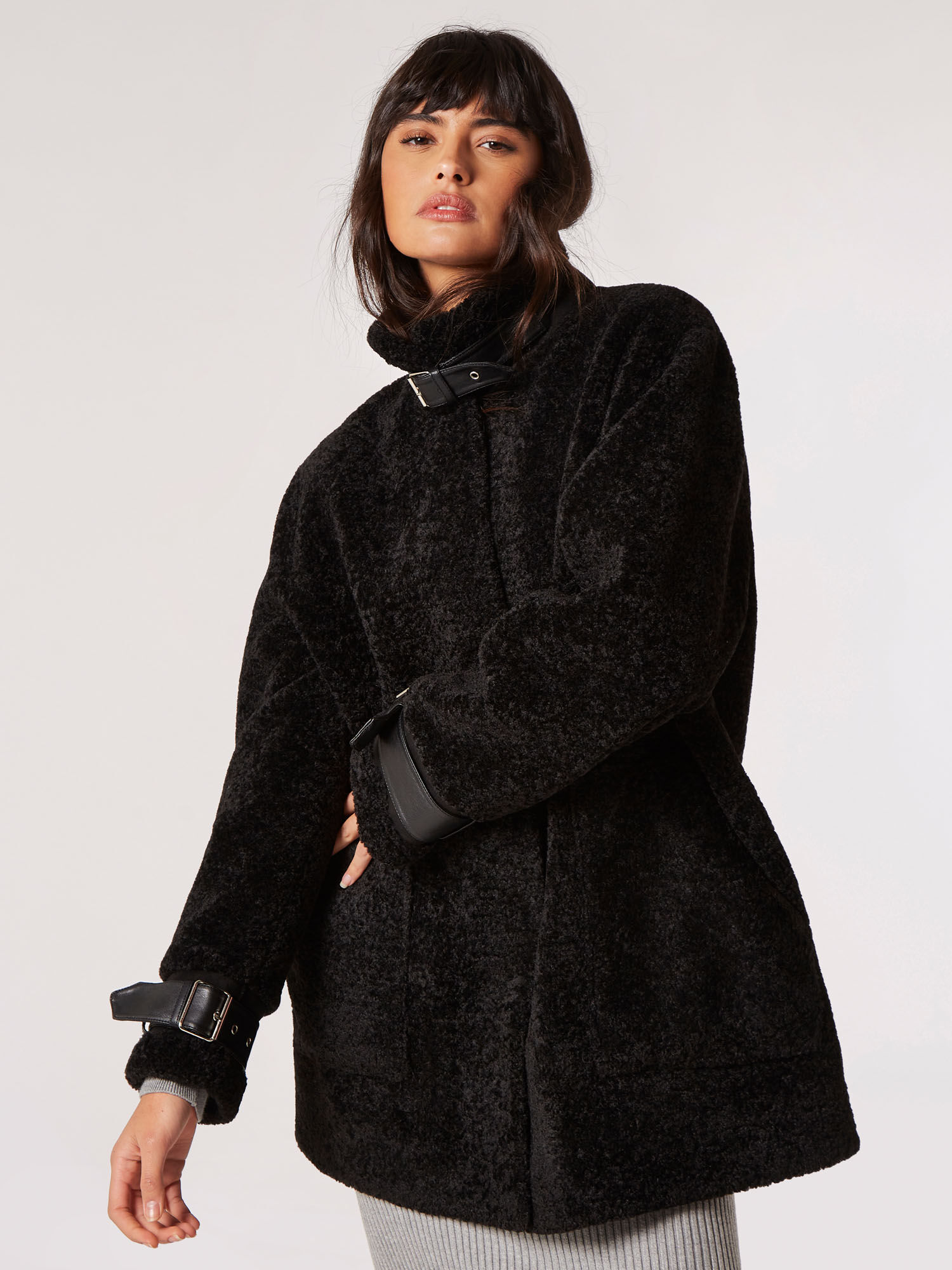 Tight Knit Borg Oversized Coat Apricot Clothing