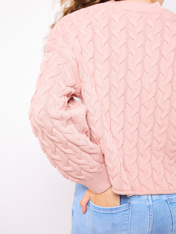 Cotton Blend Cable Knit Jumper, Pink, large