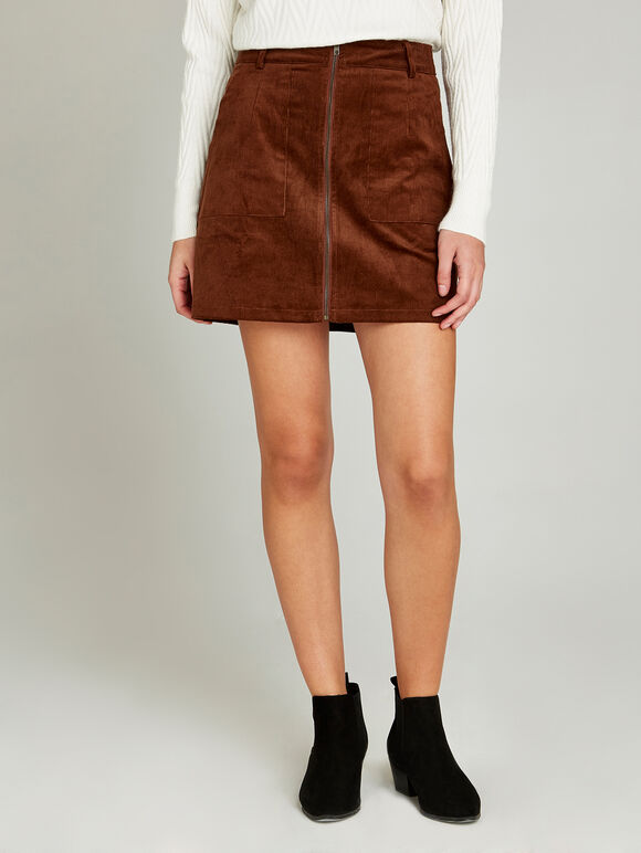 Zip Through Corduroy Skirt, Rust, large