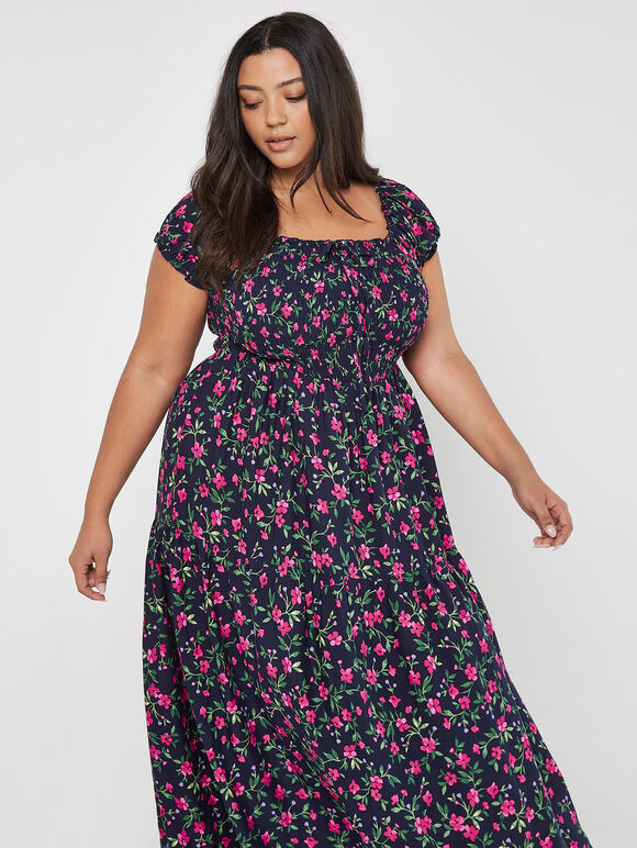 Curve Ditsy Floral Milkmaid Maxi Dress, Navy, large