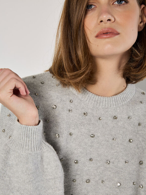 Gem Embellished Jumper, Grey, large