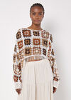 Fringed Crochet Squares Poncho Top, Stone, large