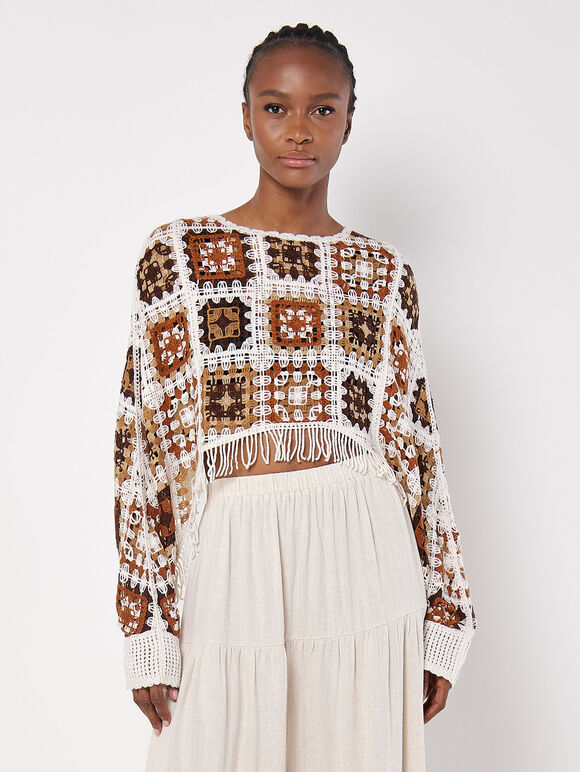 Fringed Crochet Squares Poncho Top, Stone, large