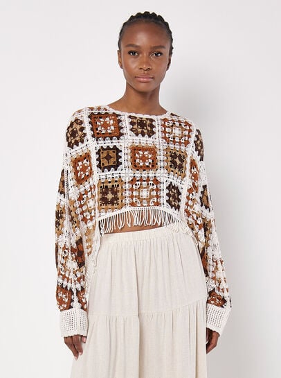 Fringed Crochet Squares Poncho Top