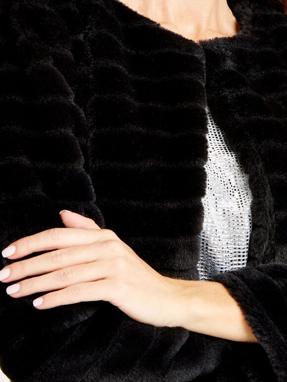 Self Stripe Faux Fur Jacket, Black, large