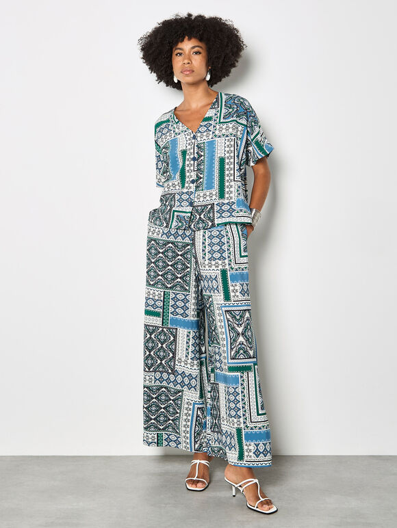 Folk Patchwork Wide Leg Trousers, Blue, large