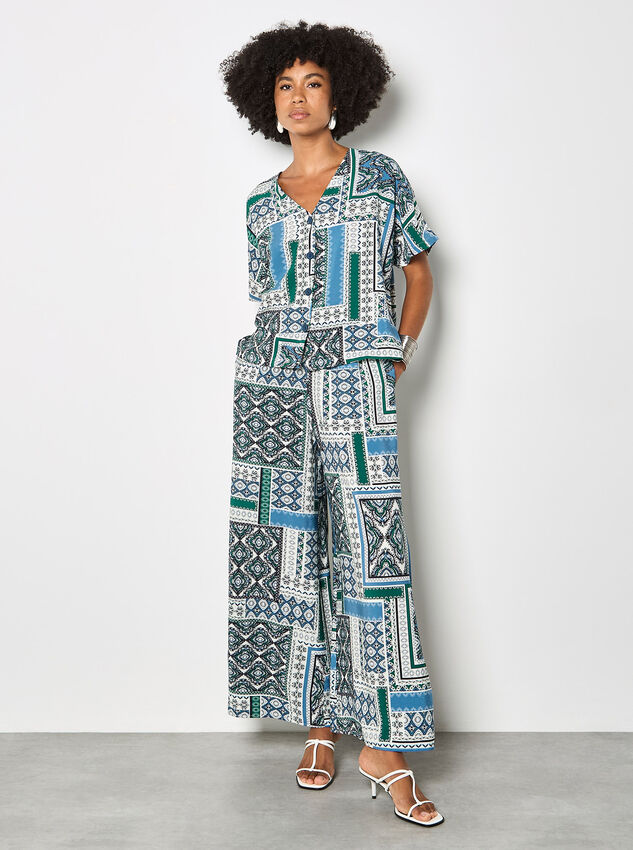 Folk Patchwork Wide Leg Trousers, Blue, large