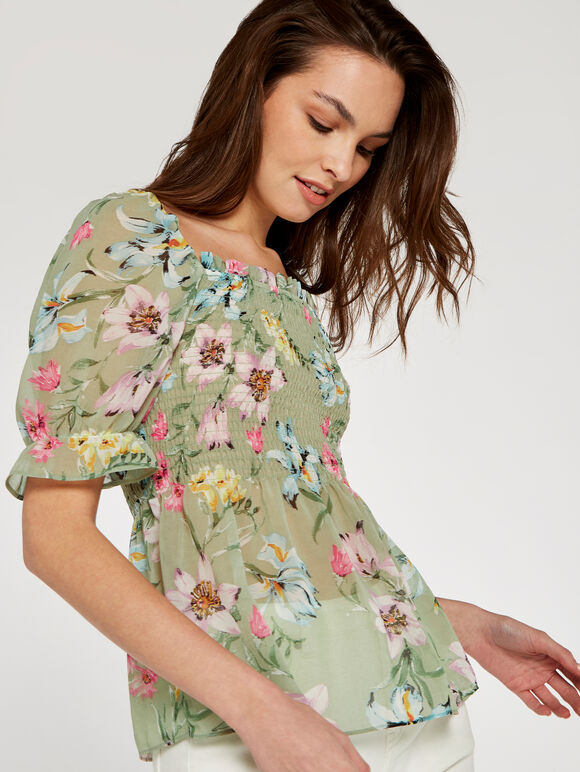 Floral Smock Bust Top, Mint, large