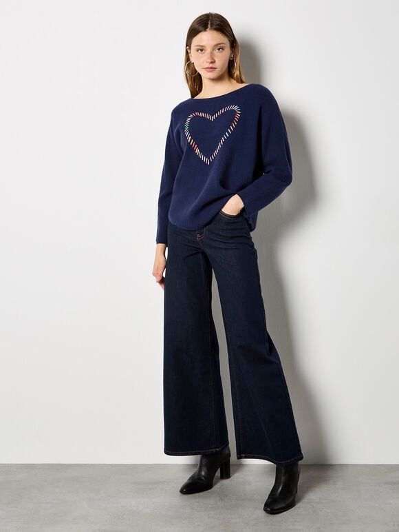 Colourful Stitched Heart Jumper, Navy, large