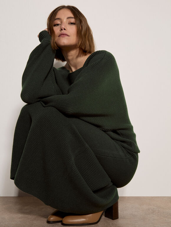 Ribbed Knit Batwing Jumper, Green, large