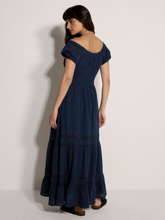 Floral Lace Milkmaid Maxi Dress, Navy, large