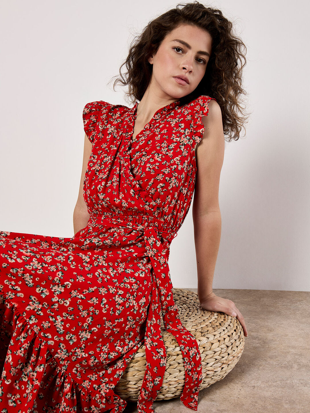 Image of Floral Frill Wrap Midi Dress