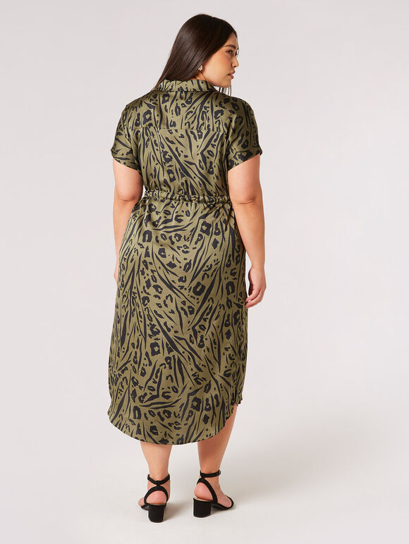 Curve Animal Satin Midi Dress, Khaki, large
