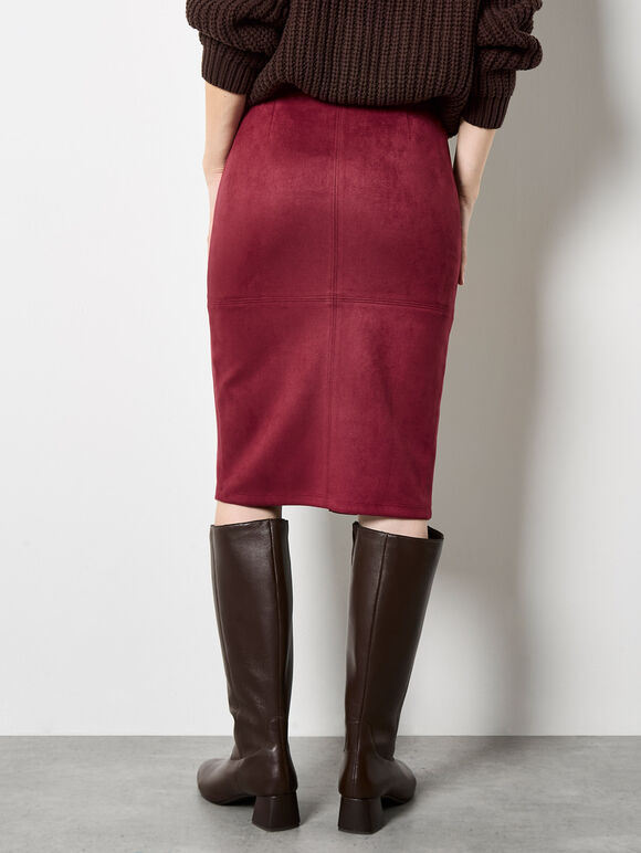 Split Front Suede Pencil Skirt, Burgundy, large