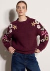 Embroidered Floral Sleeve Chunky Knit Jumper, Burgundy, large