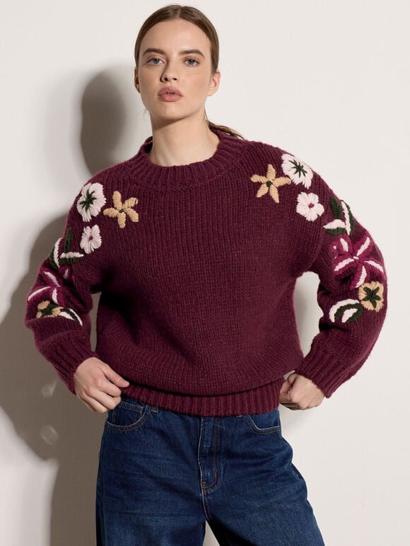 Embroidered Floral Sleeve Chunky Knit Jumper, Burgundy, large