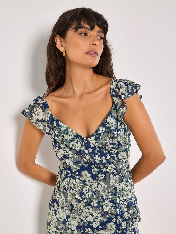 Floral Asymmetric Ruffle Midaxi Dress, Navy, large