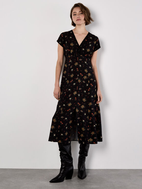 Floral Heart Midi Dress, Black, large