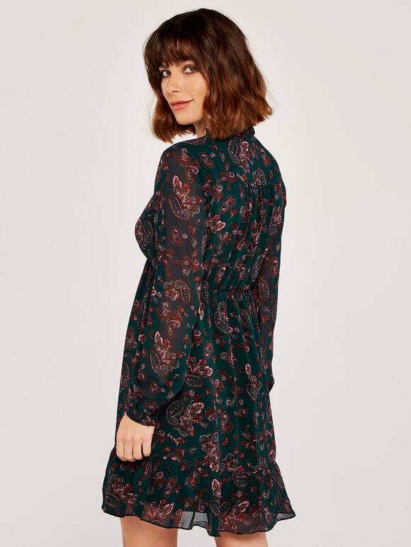 Paisley Long Sleeve Ruffle Dress, Green, large