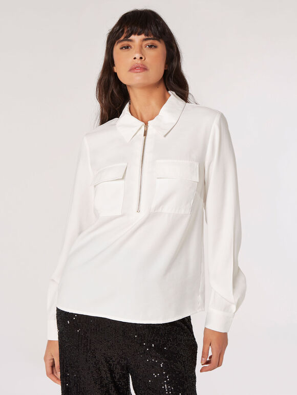 Soft Twill Zip Blouse, White, large