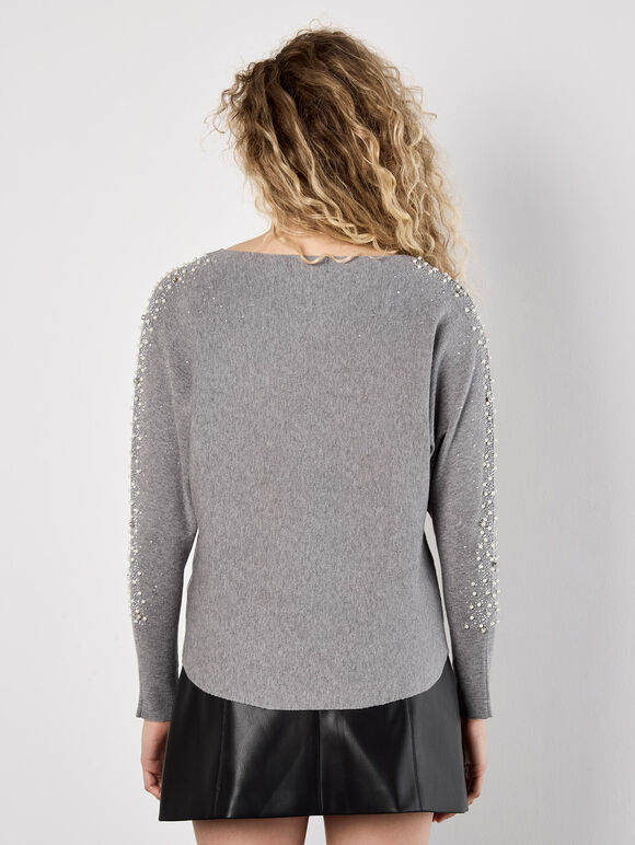 Pearl And Gem Embellished Jumper, Grey, large