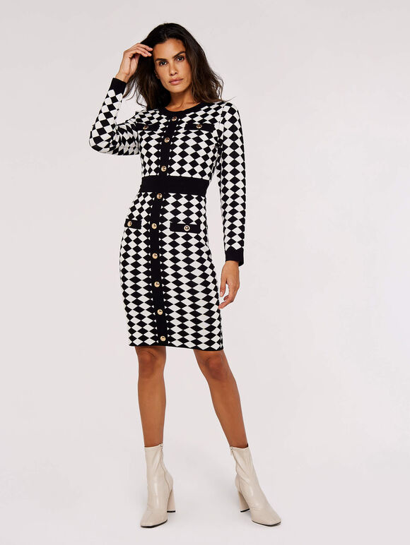 Diamond Print Mini Dress, Black, large