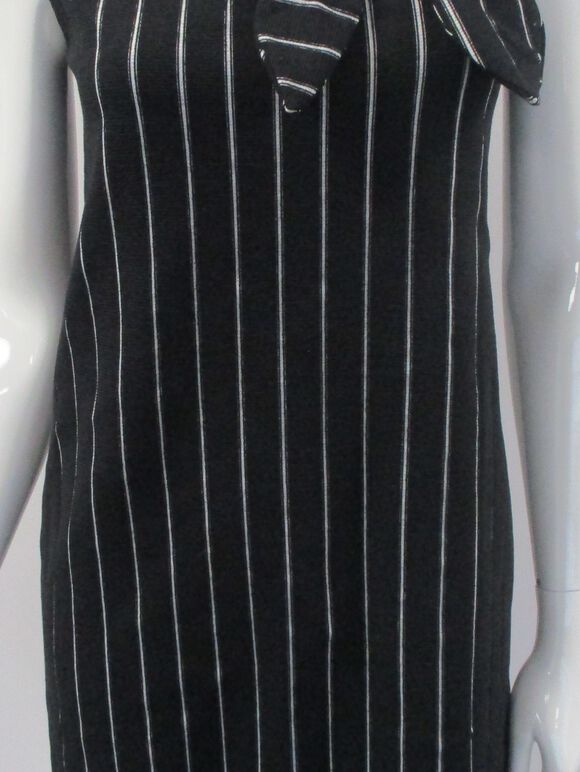 Vertical Stripe Bow Tie Neck Dress, Black, large