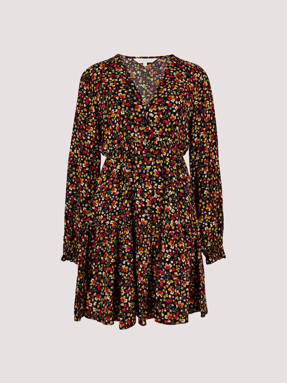 Ditsy Floral Tiered Mini Dress, Black, large