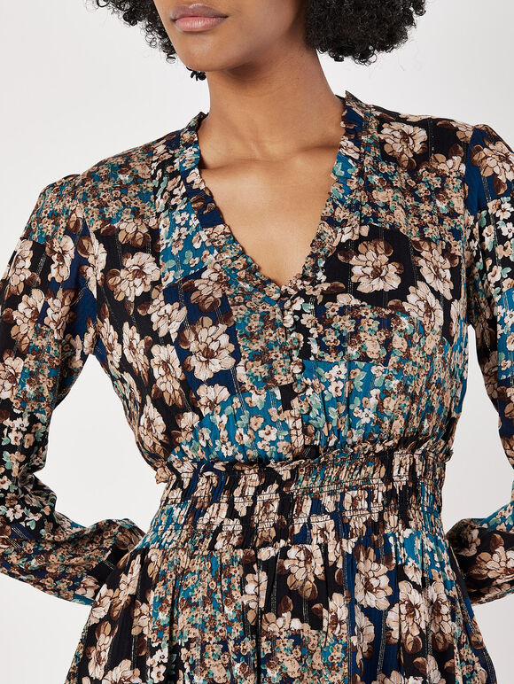 Patchwork Floral Shimmer Mini Dress, Teal, large