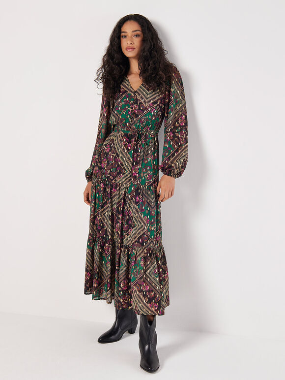 Gold Foil Floral Print Maxi Dress, Green, large