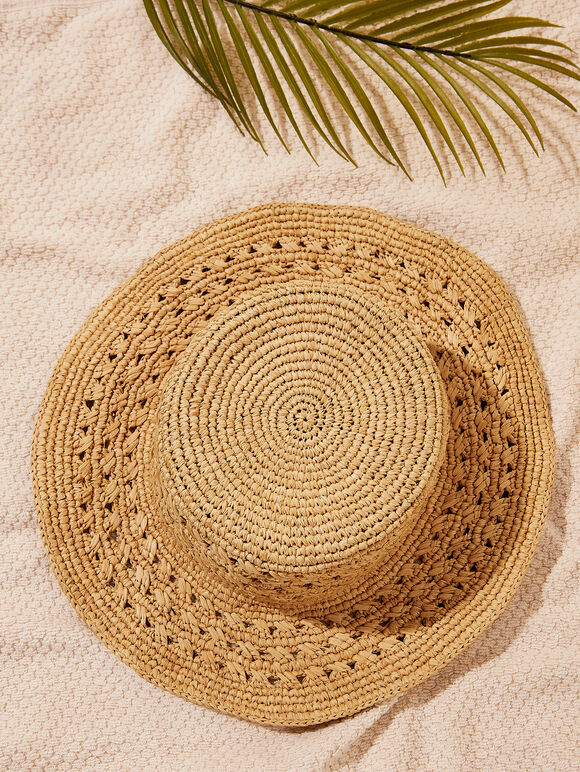 Handstitched Raffia Hat, Stone, large