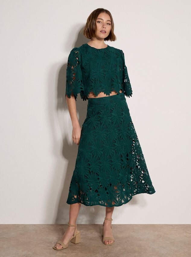 Guipure Lace Daisy Midi Skirt, Green, large