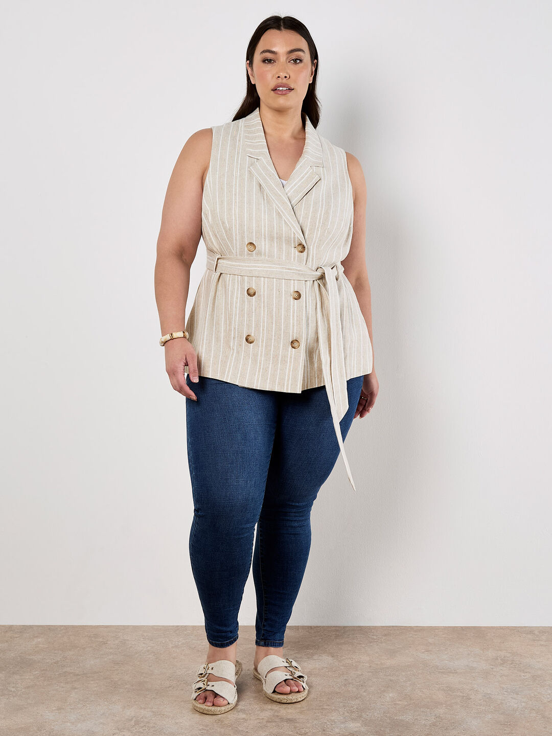 Image of Curve Stripe Linen Blend Waistcoat