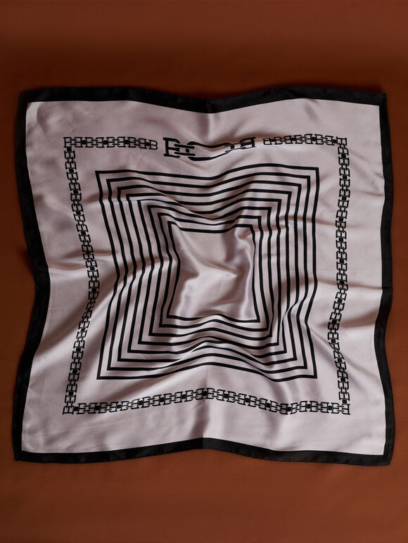Printed Satin Scarf, White, large