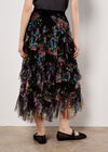Floral Tiered Tulle Midi Skirt, Black, large