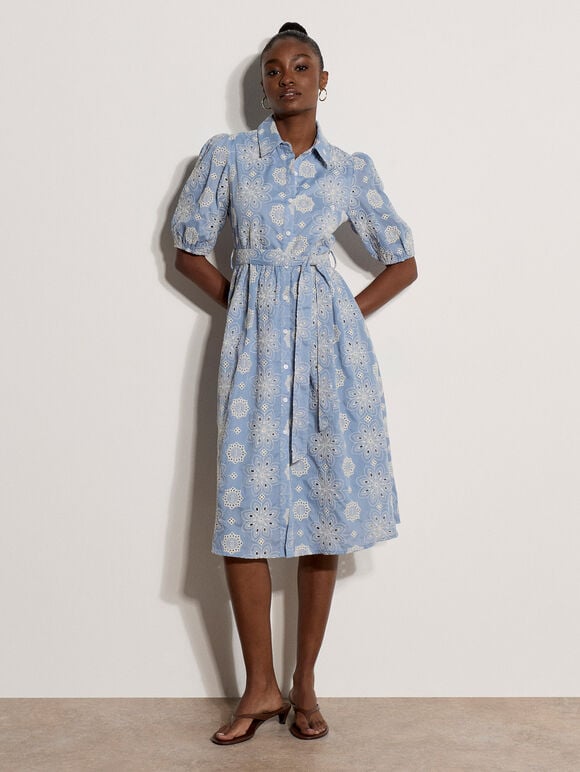 Broderie Anglaise Shirt Midi Dress, Blue, large